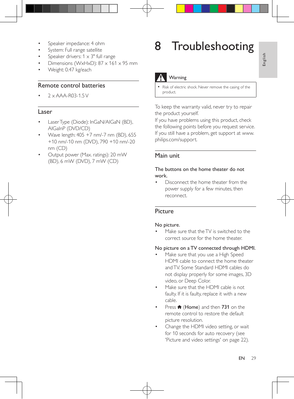 Region codes, Media formats, File formats | Audio formats, Video formats, 7 product specifications, 8 troubleshooting, Remote control batteries, Laser, Main unit | Philips HTS3564-F7 User Manual | Page 40 / 50