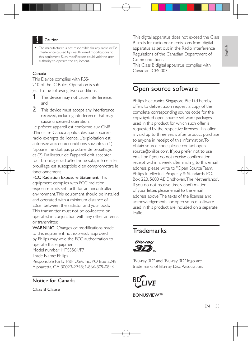 Network, Open source software, Trademarks | Philips HTS3564-F7 User Manual | Page 44 / 50