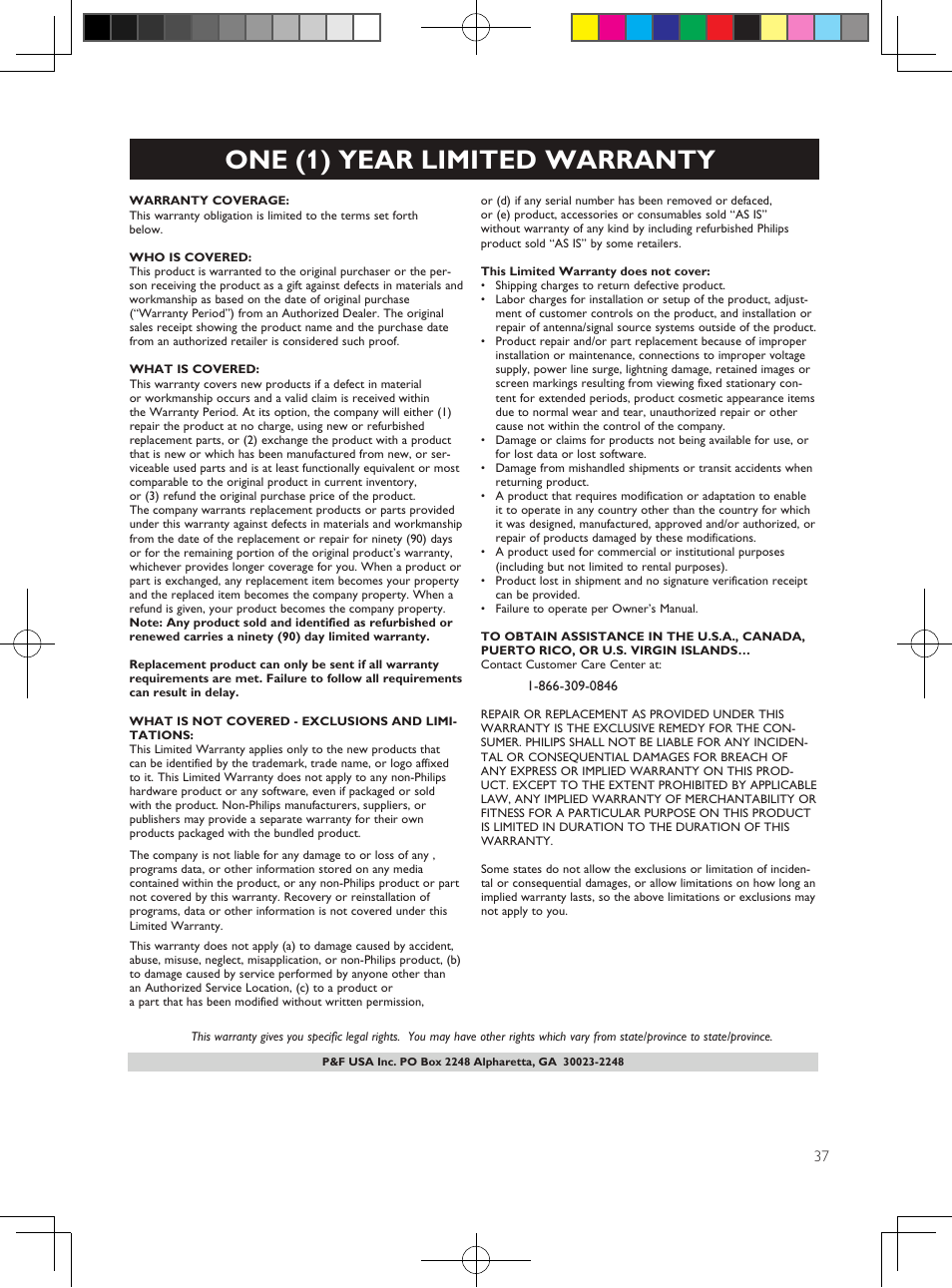 One (1) year limited warranty | Philips HTS3564-F7 User Manual | Page 48 / 50