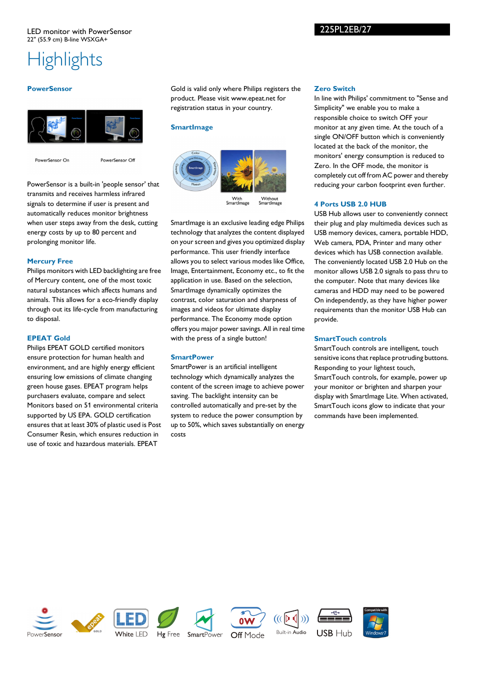 Highlights | Philips 225PL2EB-27 User Manual | Page 2 / 3