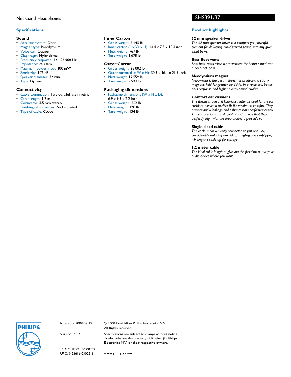 Philips SHS391-37 User Manual | Page 2 / 2