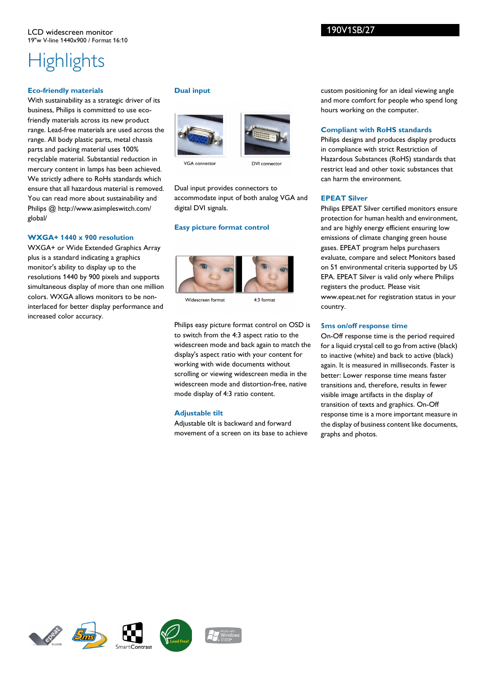 Highlights | Philips 190V1SB-27 User Manual | Page 2 / 3