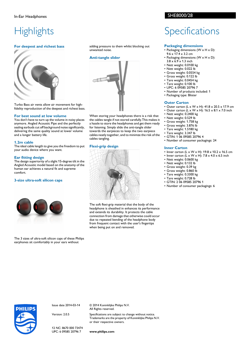 Highlights, Specifications | Philips SHE8000-28 User Manual | Page 2 / 2