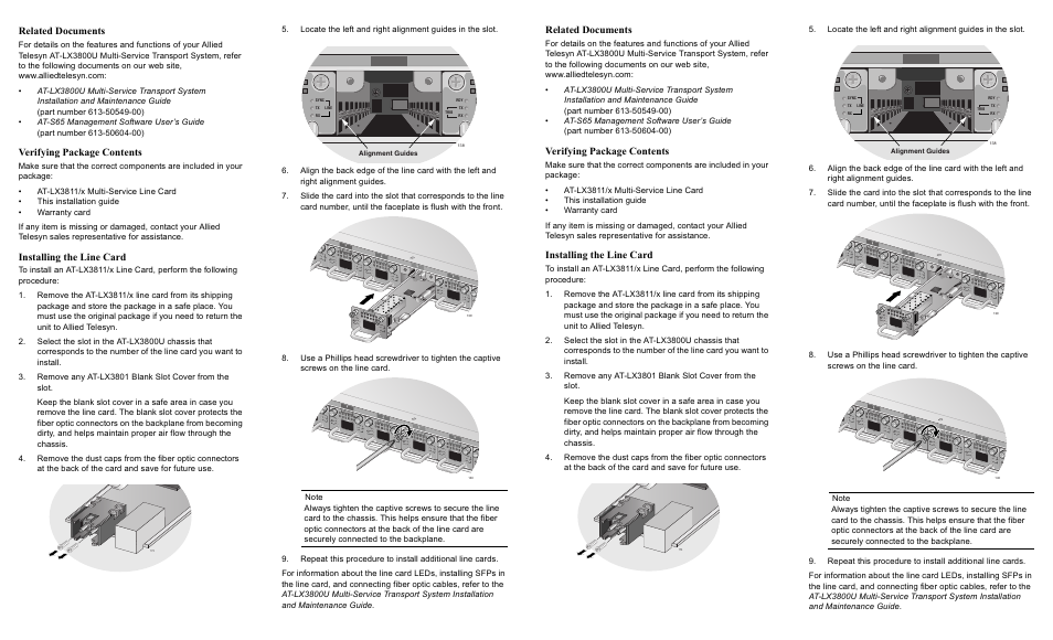 Related documents, Verifying package contents, Installing the line card | Alignment guides | Allied Telesis 613-50550-00 User Manual | Page 2 / 2