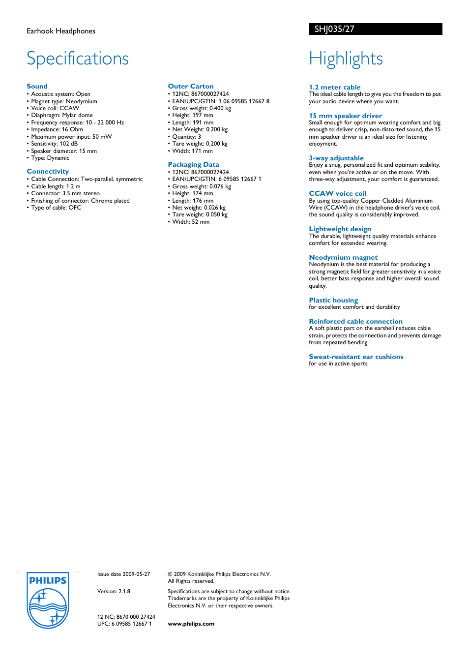 Specifications, Highlights | Philips SHJ035-27 User Manual | Page 2 / 2