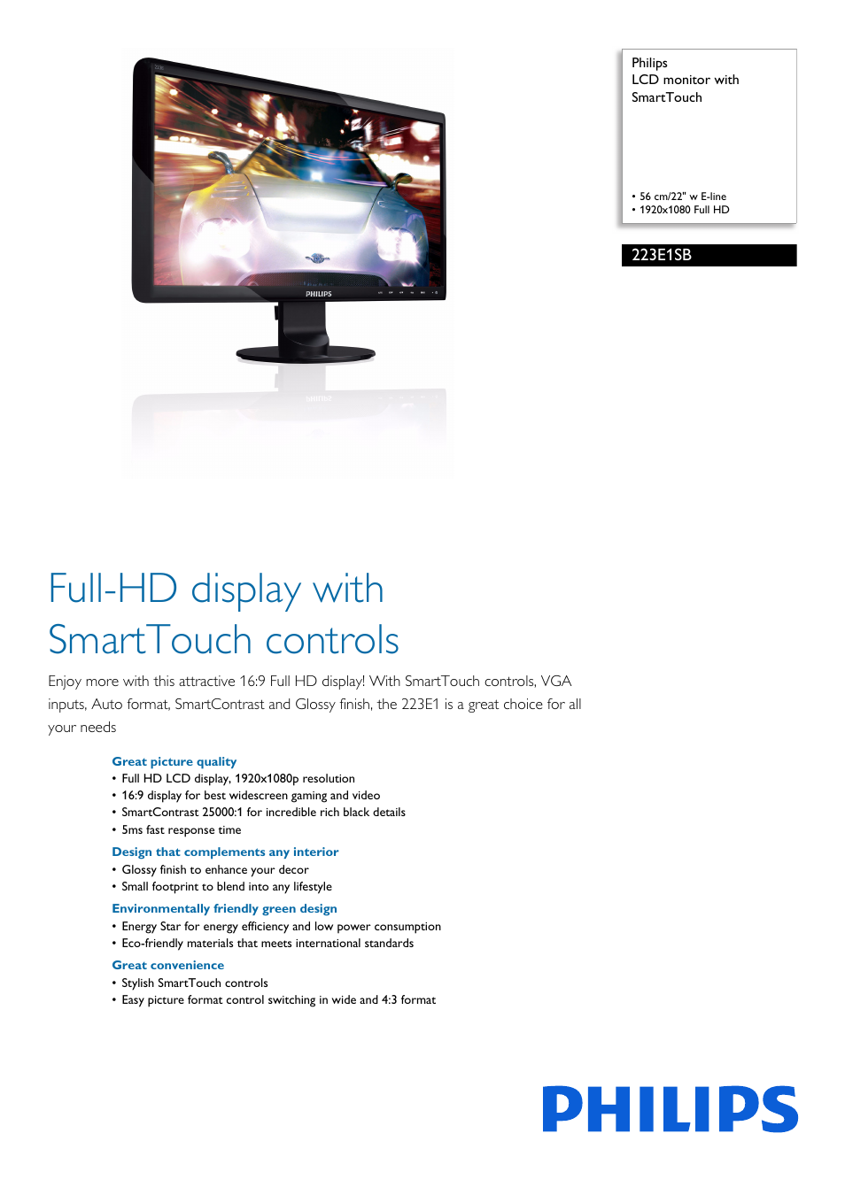 Philips LCD monitor 223EI User Manual | 2 pages
