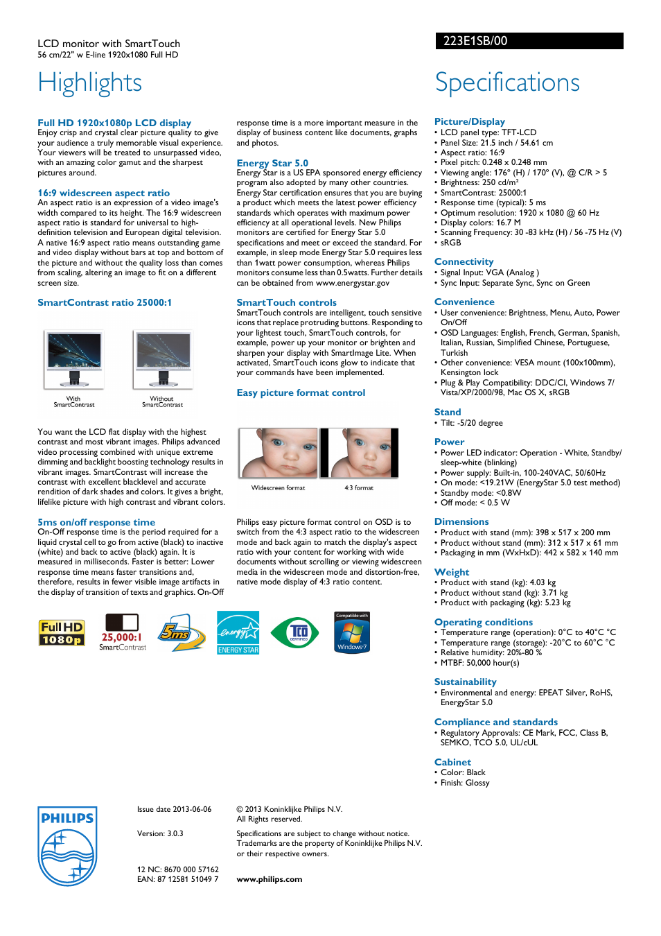 Highlights, Specifications | Philips LCD monitor 223EI User Manual | Page 2 / 2