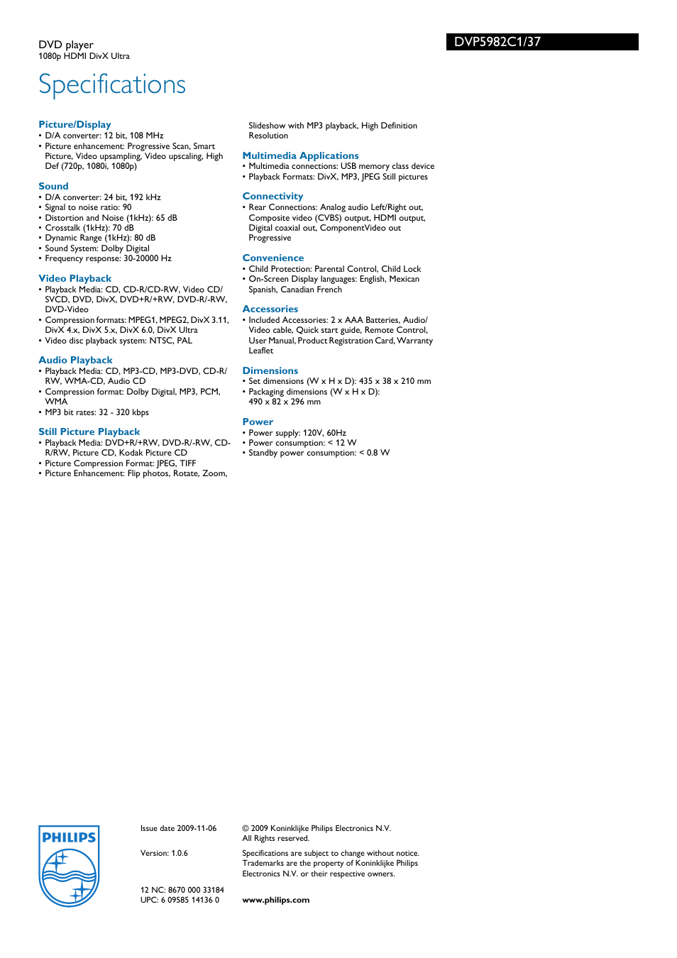 Specifications | Philips DVP5982C1-37B User Manual | Page 3 / 3