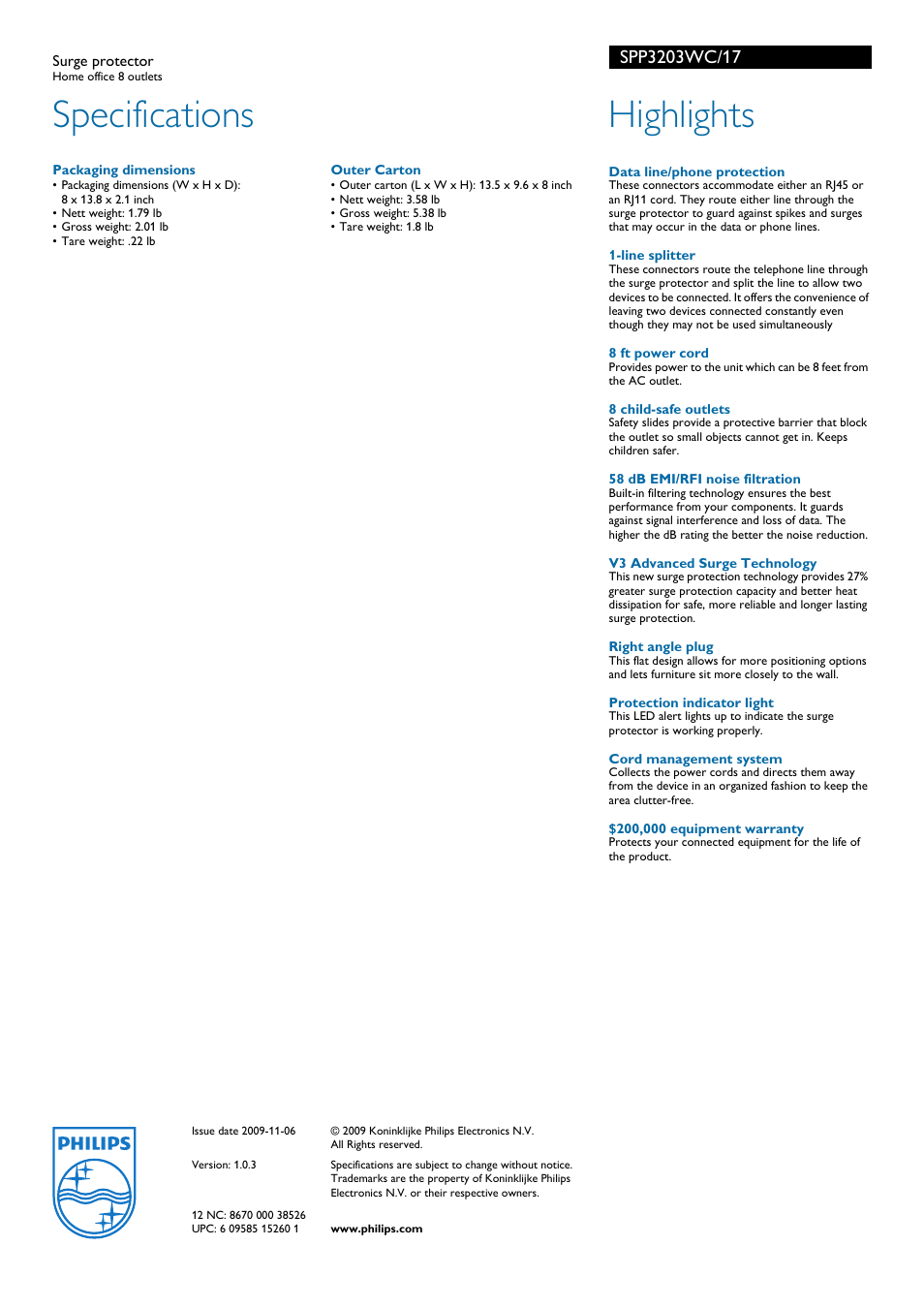 Specifications, Highlights | Philips SPP3203WC-17 User Manual | Page 2 / 2