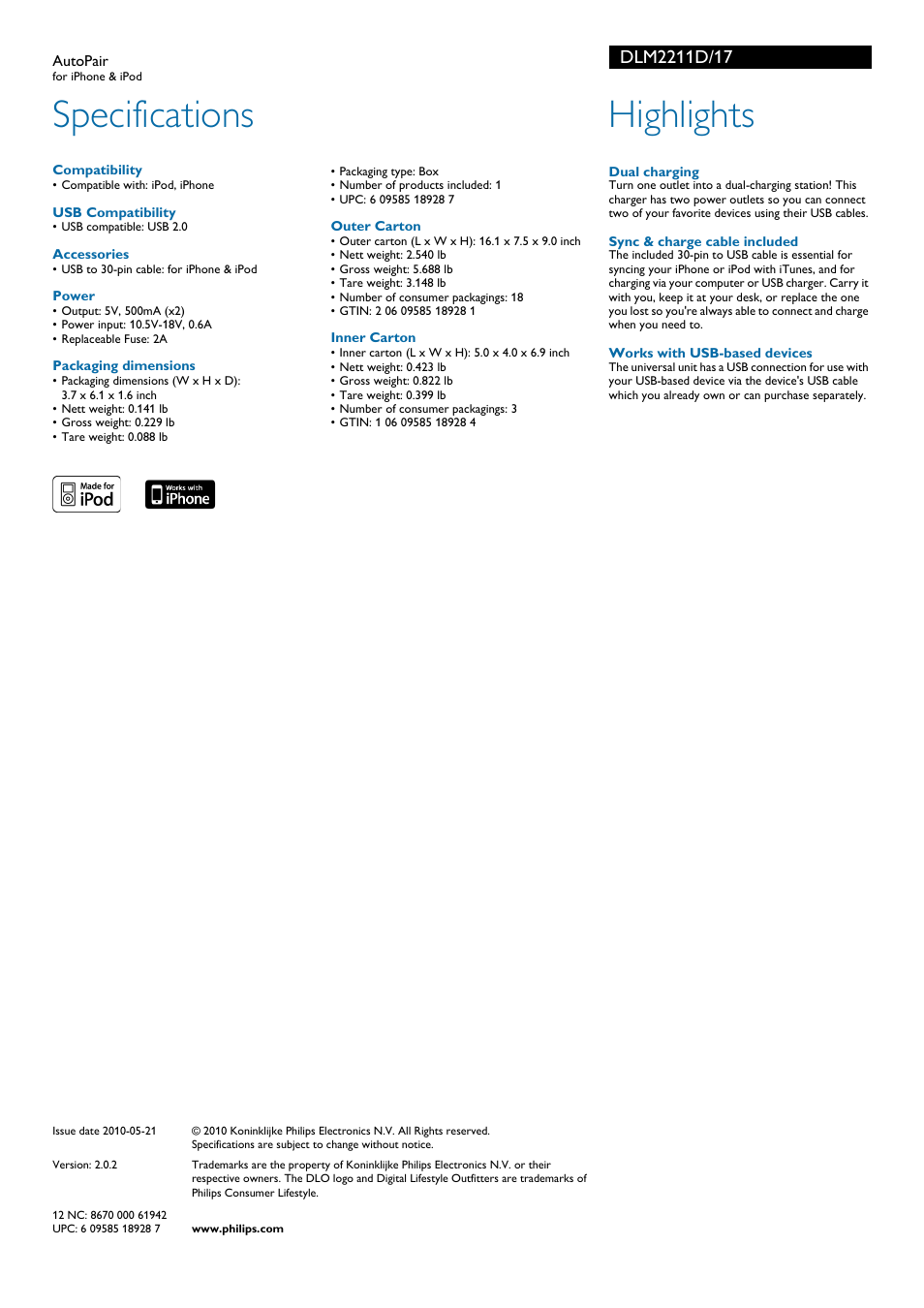 Specifications, Highlights | Philips DLM2211D-17 User Manual | Page 2 / 2