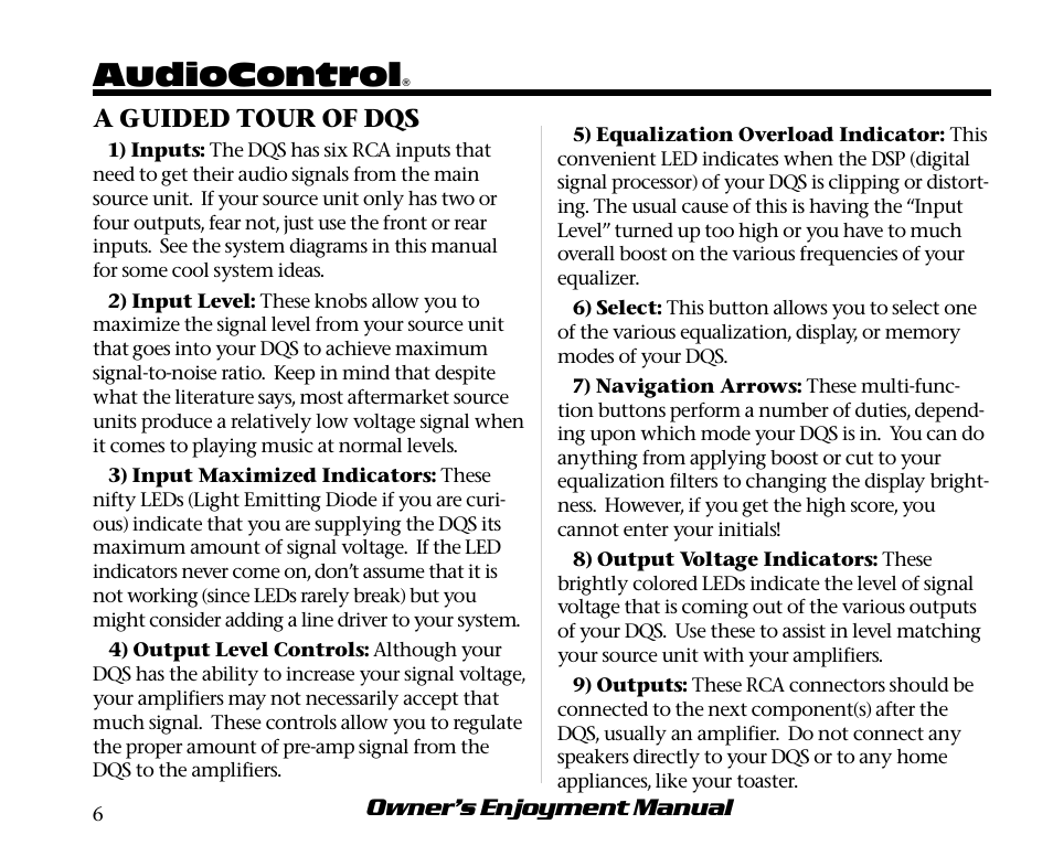 Audiocontrol, Owner’s enjoyment manual, A guided tour of dqs | AudioControl DQS User Manual | Page 10 / 28