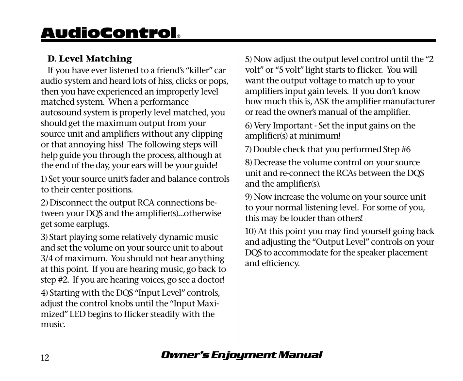 Audiocontrol, Owner’s enjoyment manual | AudioControl DQS User Manual | Page 16 / 28