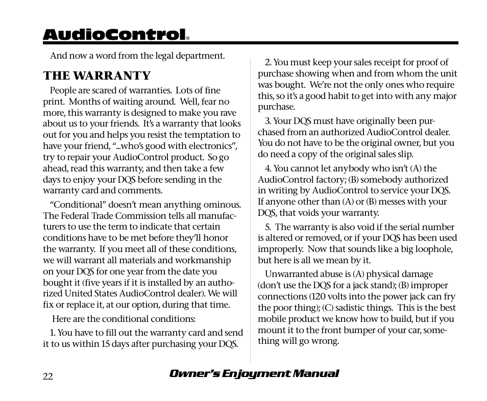 Audiocontrol, Owner’s enjoyment manual, The warranty | AudioControl DQS User Manual | Page 26 / 28