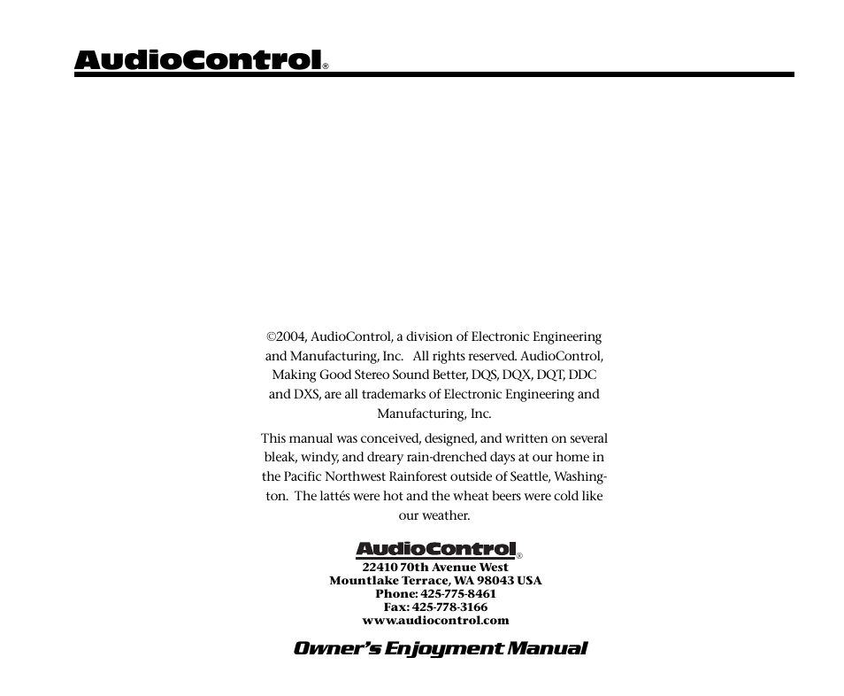 Audiocontrol, Owner’s enjoyment manual | AudioControl DQS User Manual | Page 28 / 28