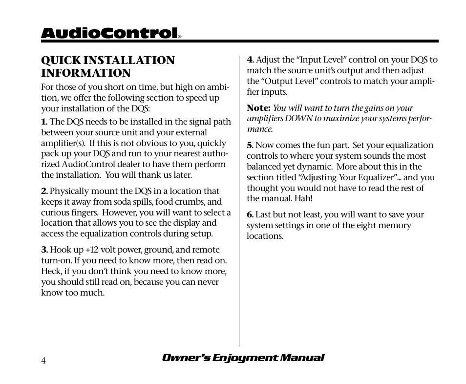 Audiocontrol | AudioControl DQS User Manual | Page 8 / 28