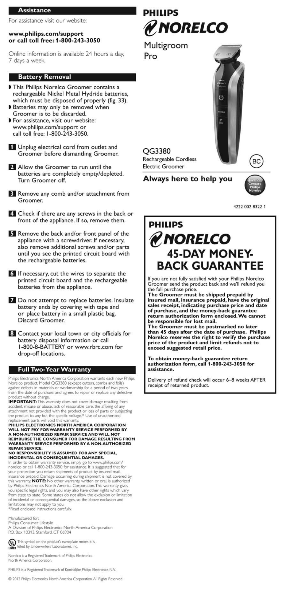 Assistance, Battery removal, Full two-year warranty | Norelco, Day money- back guarantee, Multigroom pro, Philips, Qg3380, Always here to help you | Philips QG3380-42 User Manual | Page 4 / 4