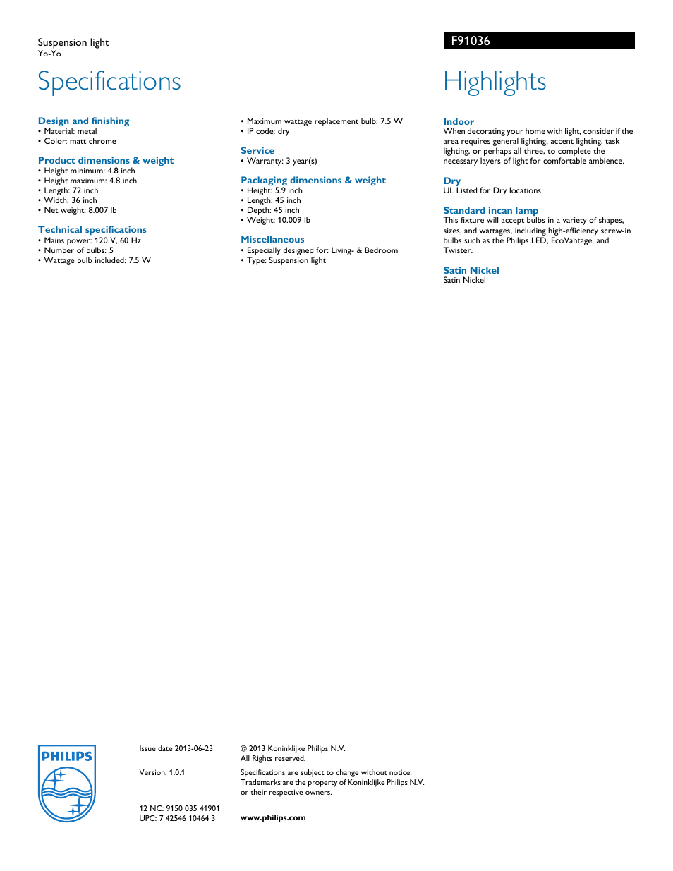 Specifications, Highlights | Philips F91036 User Manual | Page 2 / 2