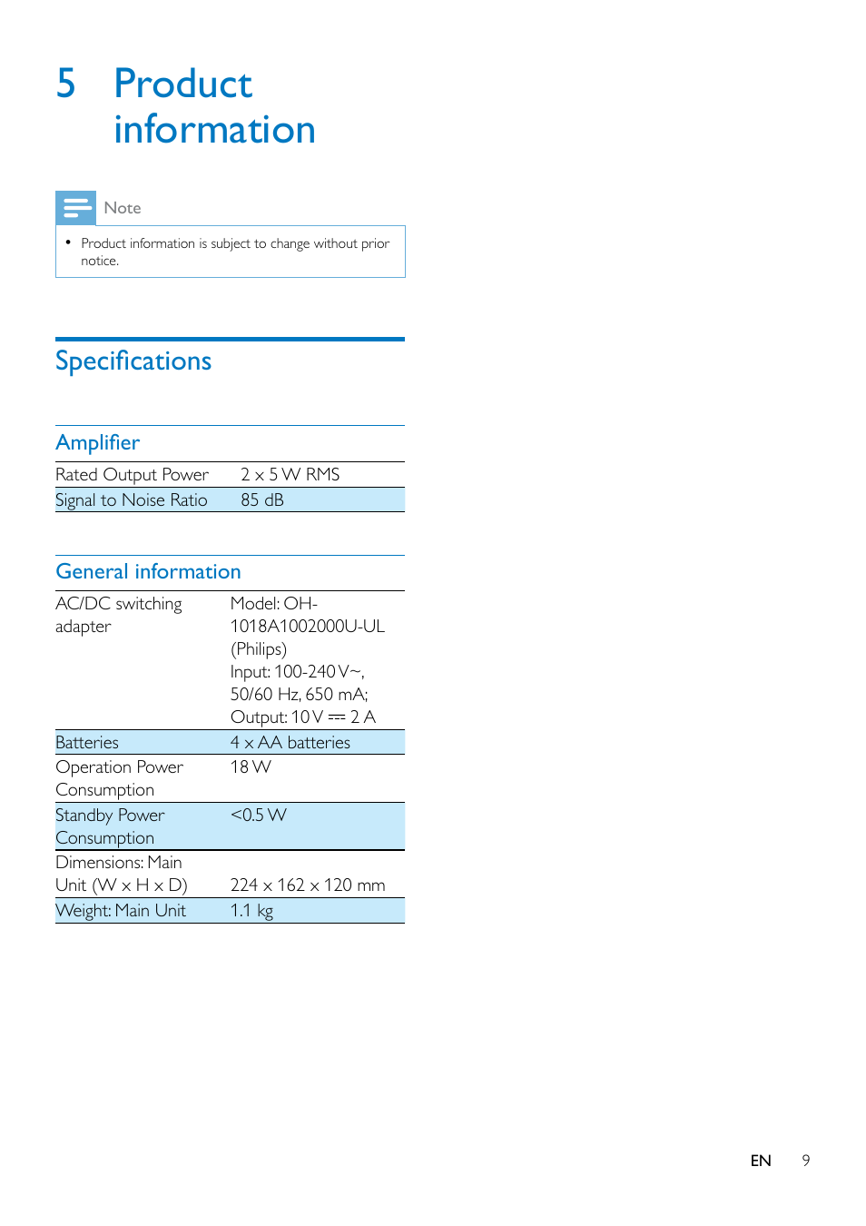 5 product information, Specifications, Amplifier | General information | Philips DS3205-37 User Manual | Page 11 / 15