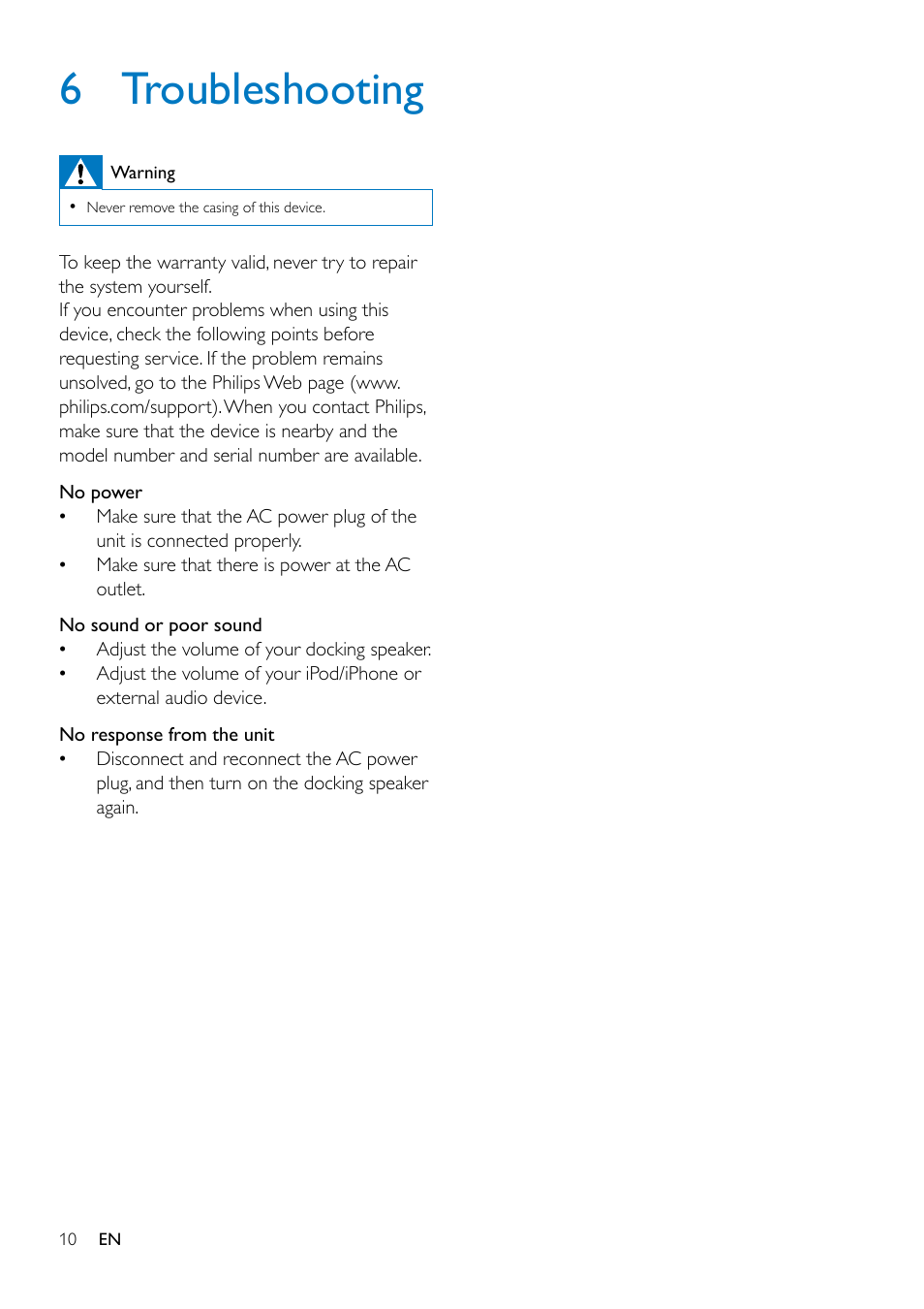6 troubleshooting | Philips DS3205-37 User Manual | Page 12 / 15