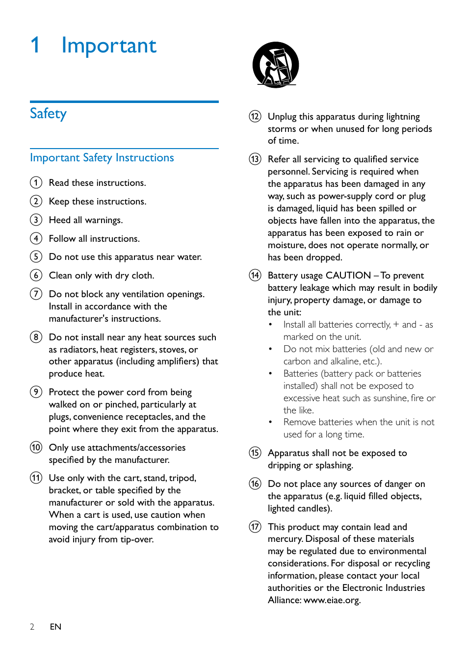 1 important, Safety, Important safety instructions | Safety 2 | Philips DS3205-37 User Manual | Page 4 / 15
