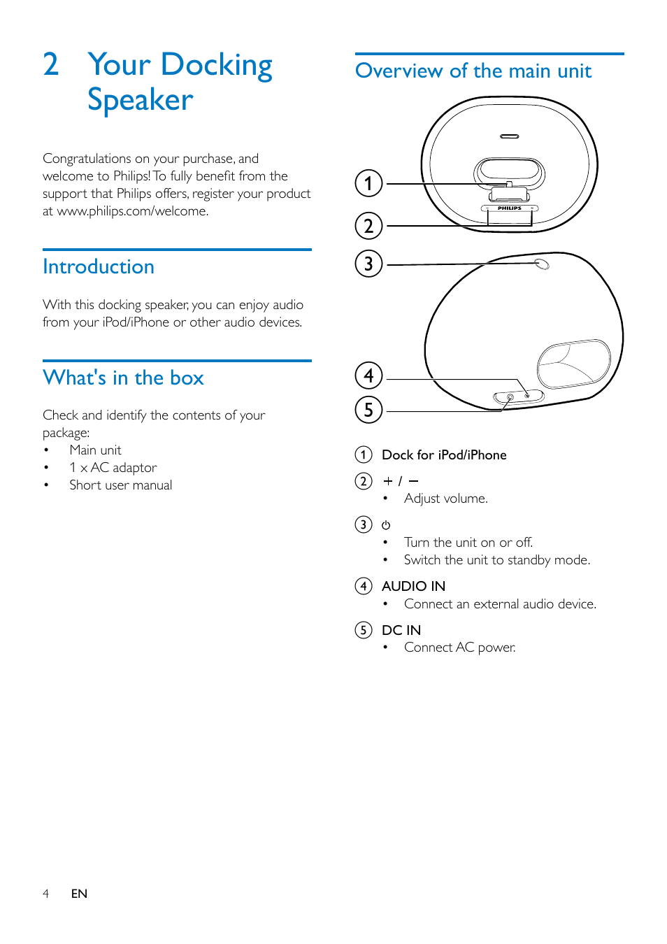 2 your docking speaker, Introduction, What's in the box | Overview of the main unit, Introduction 4 | Philips DS3205-37 User Manual | Page 6 / 15