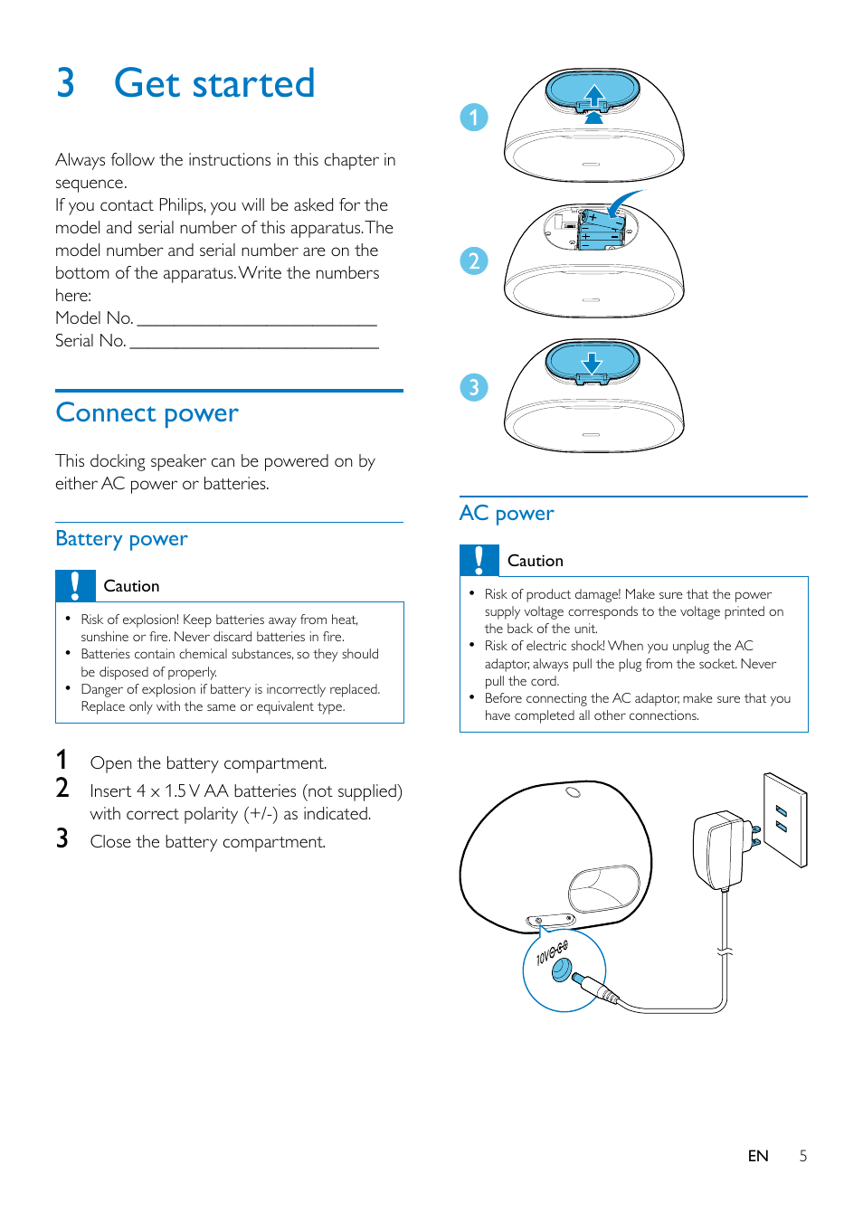 3 get started, Connect power, Battery power | Ac power | Philips DS3205-37 User Manual | Page 7 / 15