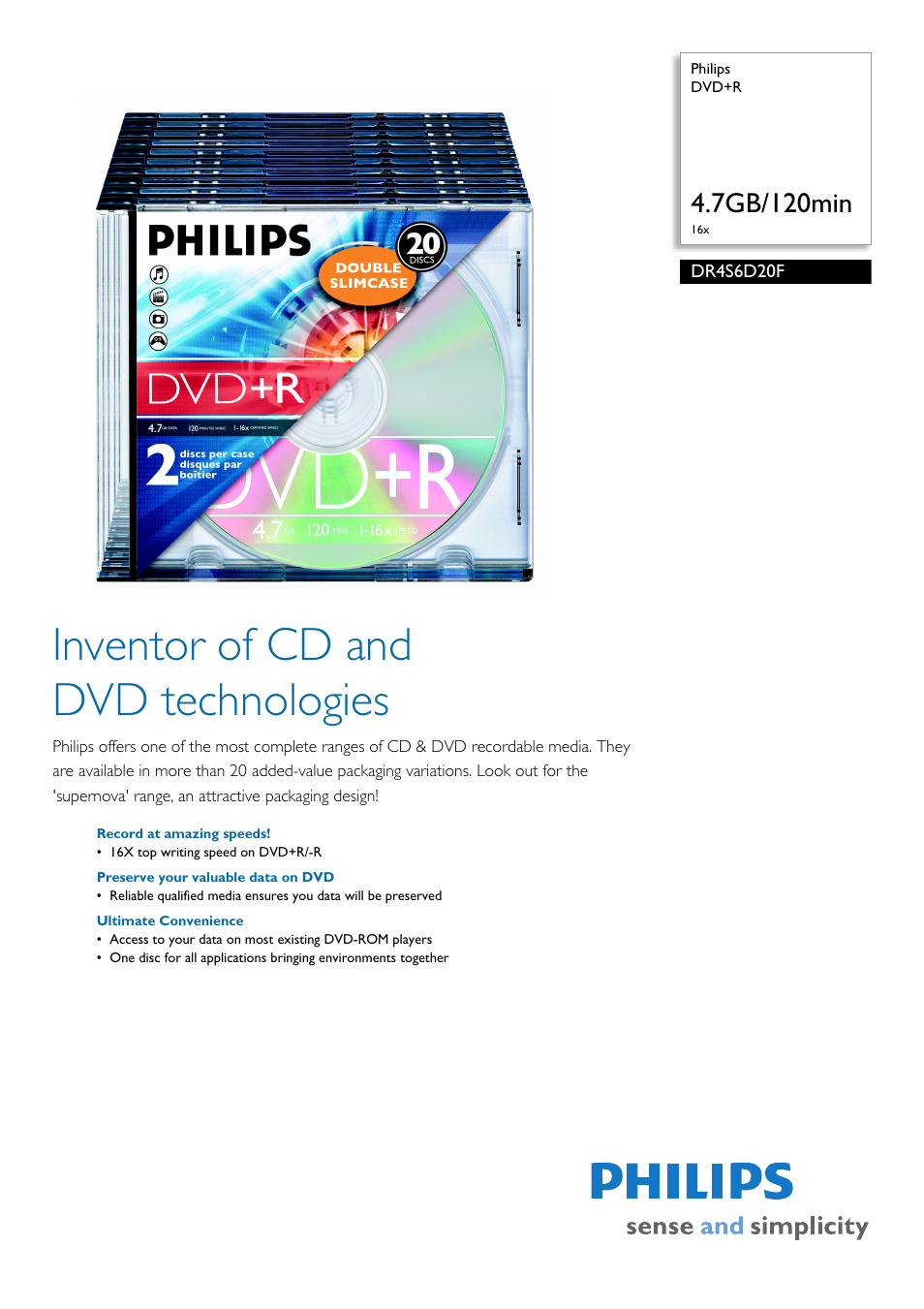 Philips DVD+R DR4S6D20F 4.7GB-120min 16x User Manual | 2 pages