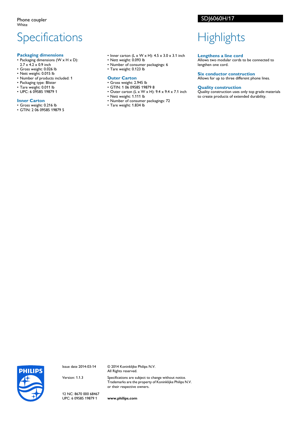 Specifications, Highlights | Philips SDJ6060H-17 User Manual | Page 2 / 2