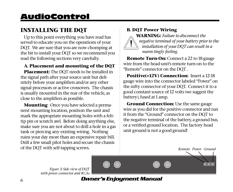 Audiocontrol, Owner’s enjoyment manual, Installing the dqt | AudioControl Digital Equalizer User Manual | Page 10 / 24