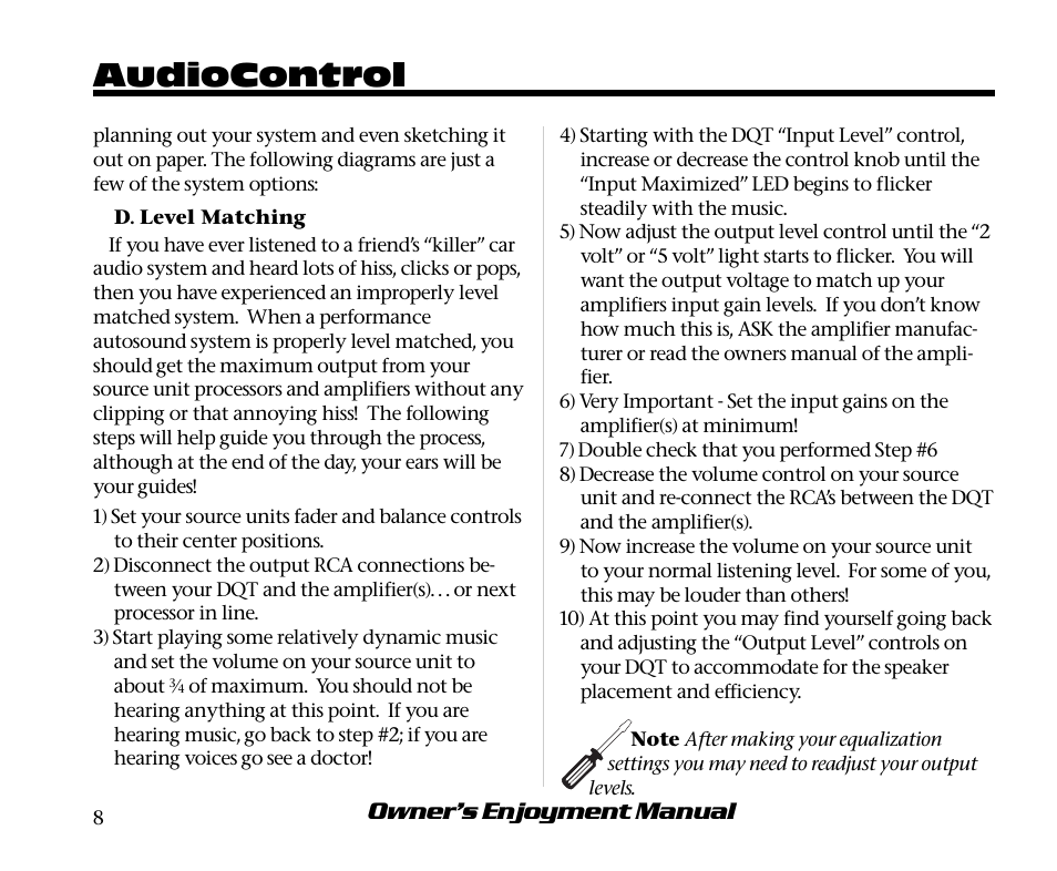 Audiocontrol, Owner’s enjoyment manual | AudioControl Digital Equalizer User Manual | Page 12 / 24