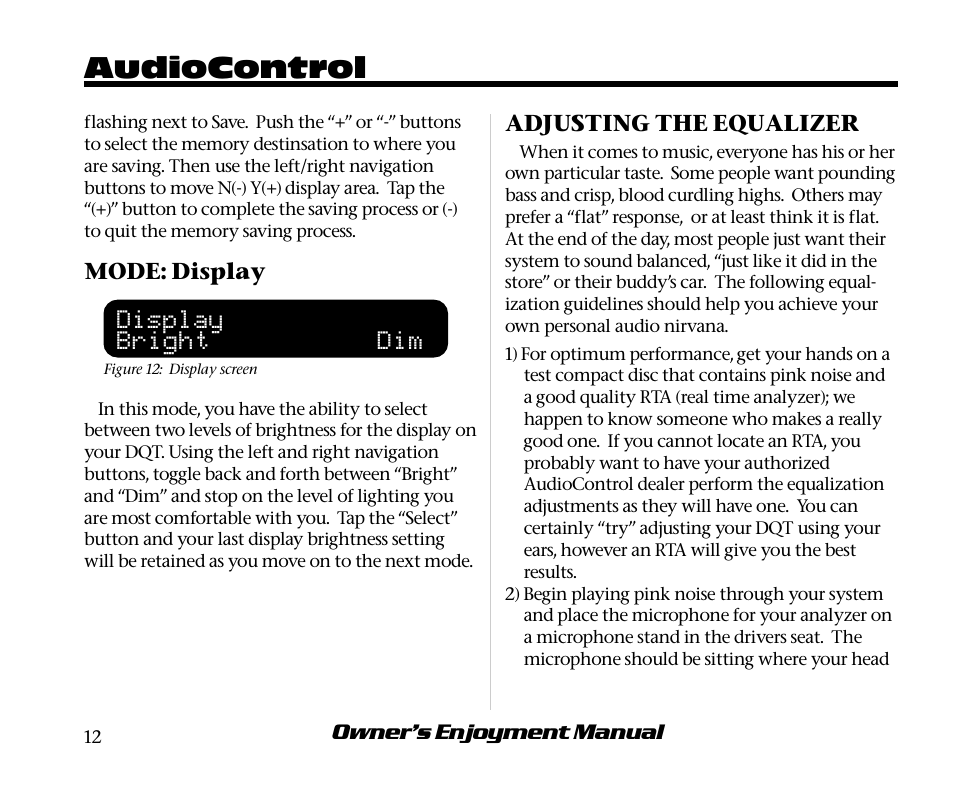 Audiocontrol, Display bright dim | AudioControl Digital Equalizer User Manual | Page 16 / 24
