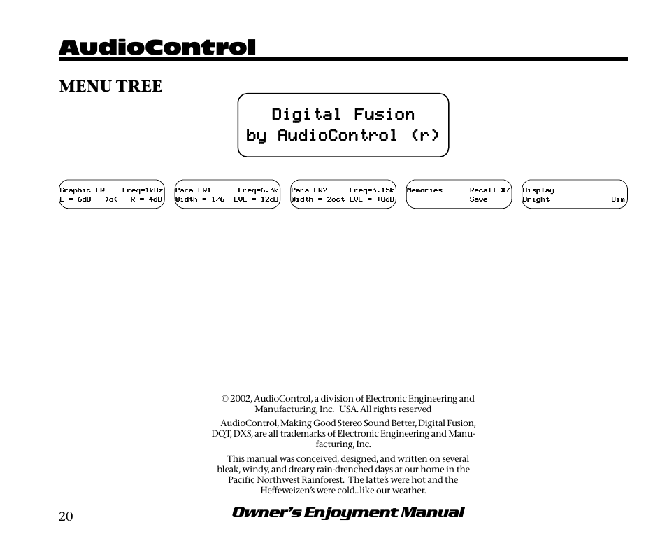Audiocontrol, Digital fusion, Owner’s enjoyment manual | Menu tree | AudioControl Digital Equalizer User Manual | Page 24 / 24