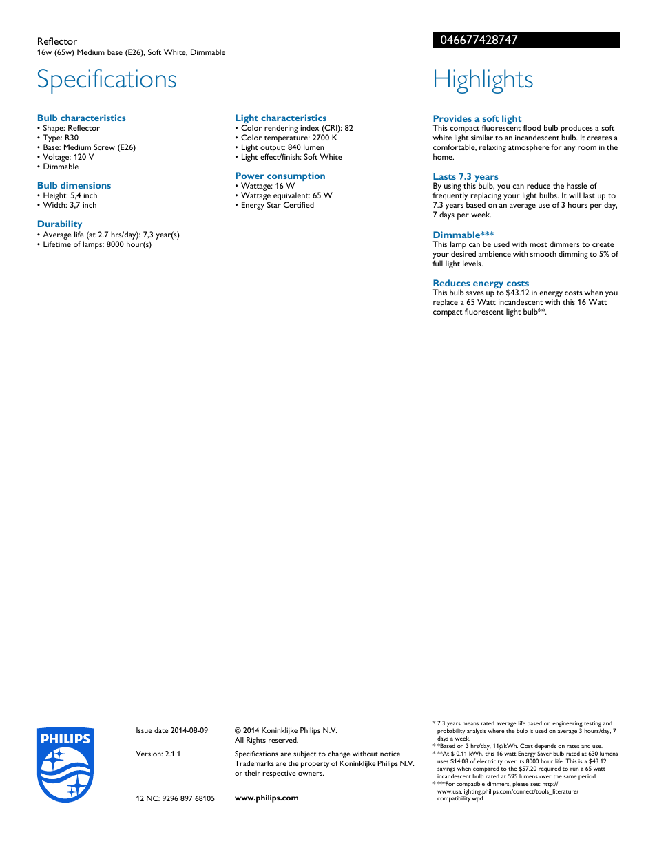 Specifications, Highlights | Philips 046677428747 User Manual | Page 2 / 2