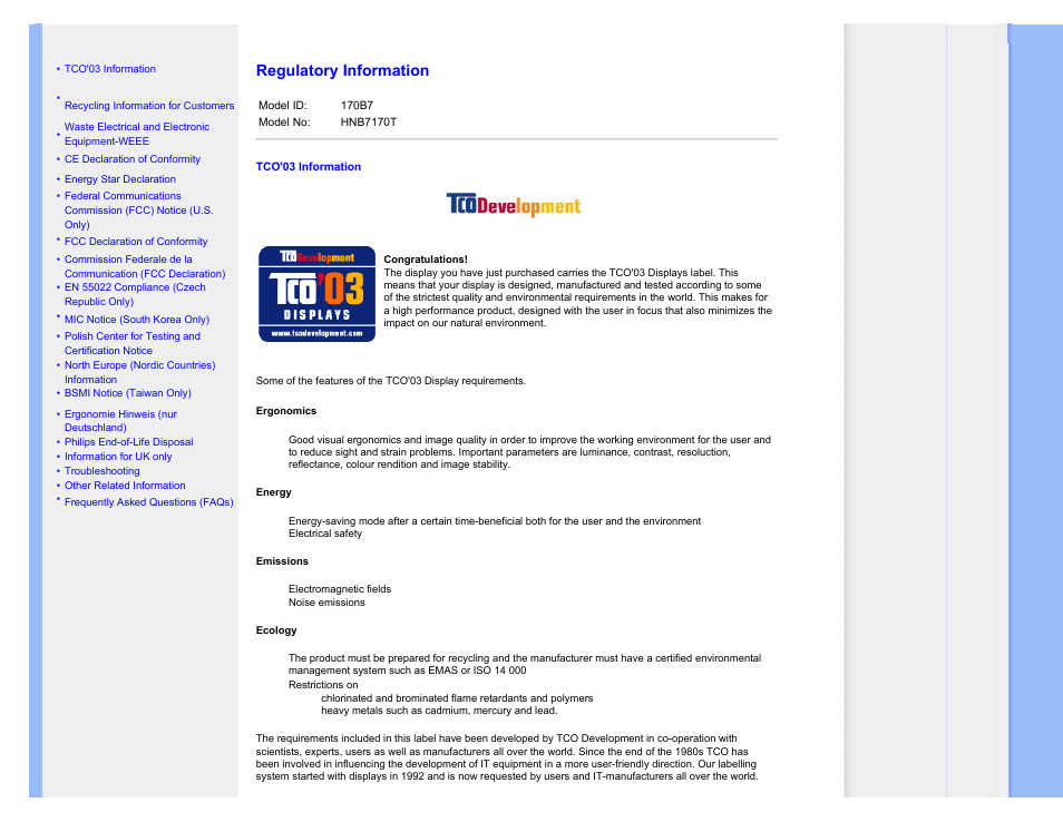 Regulatory information, More information is provided in the | Philips 170B7CS-27 User Manual | Page 15 / 99