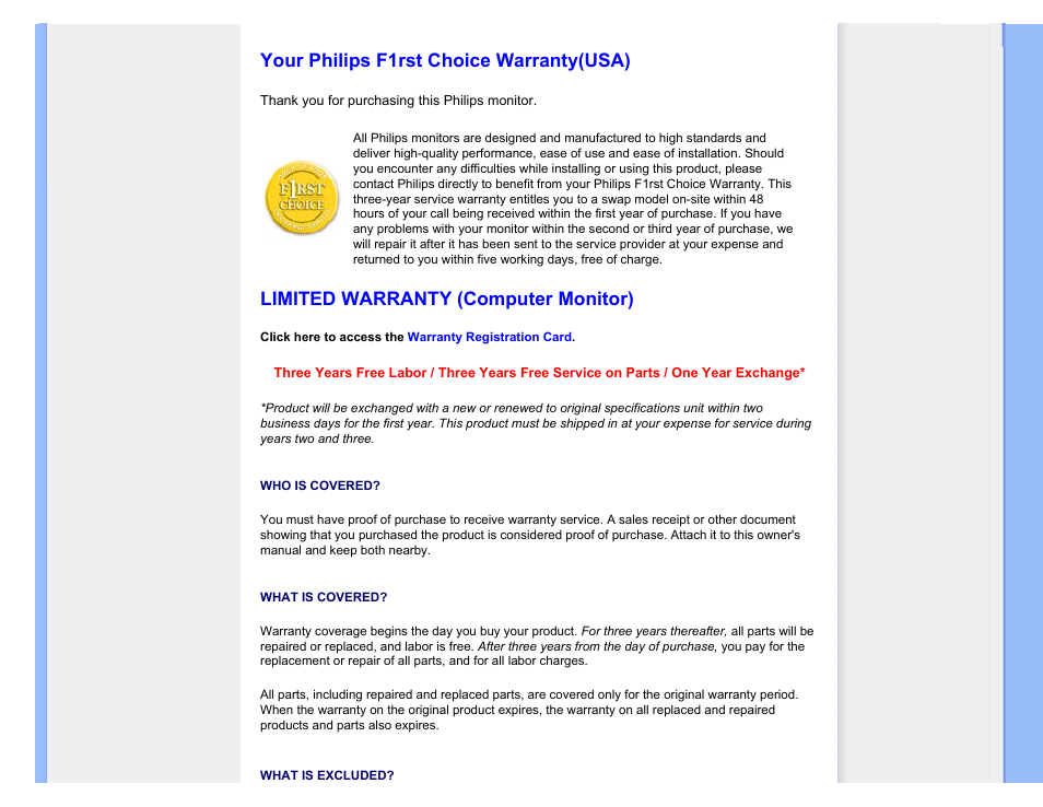United states guarantee, Canada, Your philips f1rst choice warranty(usa) | Limited warranty (computer monitor) | Philips 170B7CS-27 User Manual | Page 84 / 99