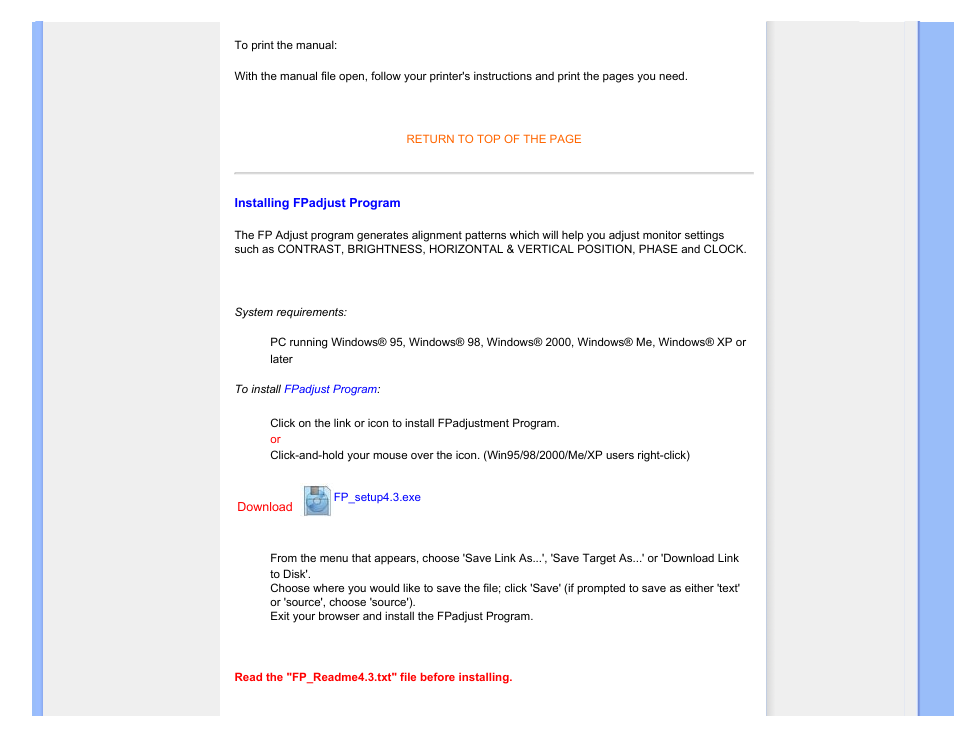 Installing fpadjust program | Philips 170B7CS-27 User Manual | Page 98 / 99