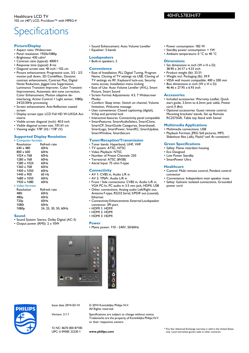Specifications | Philips 40HFL5783H-F7 User Manual | Page 3 / 3