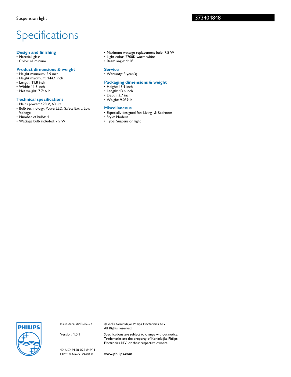 Specifications | Philips 373404848 User Manual | Page 2 / 2