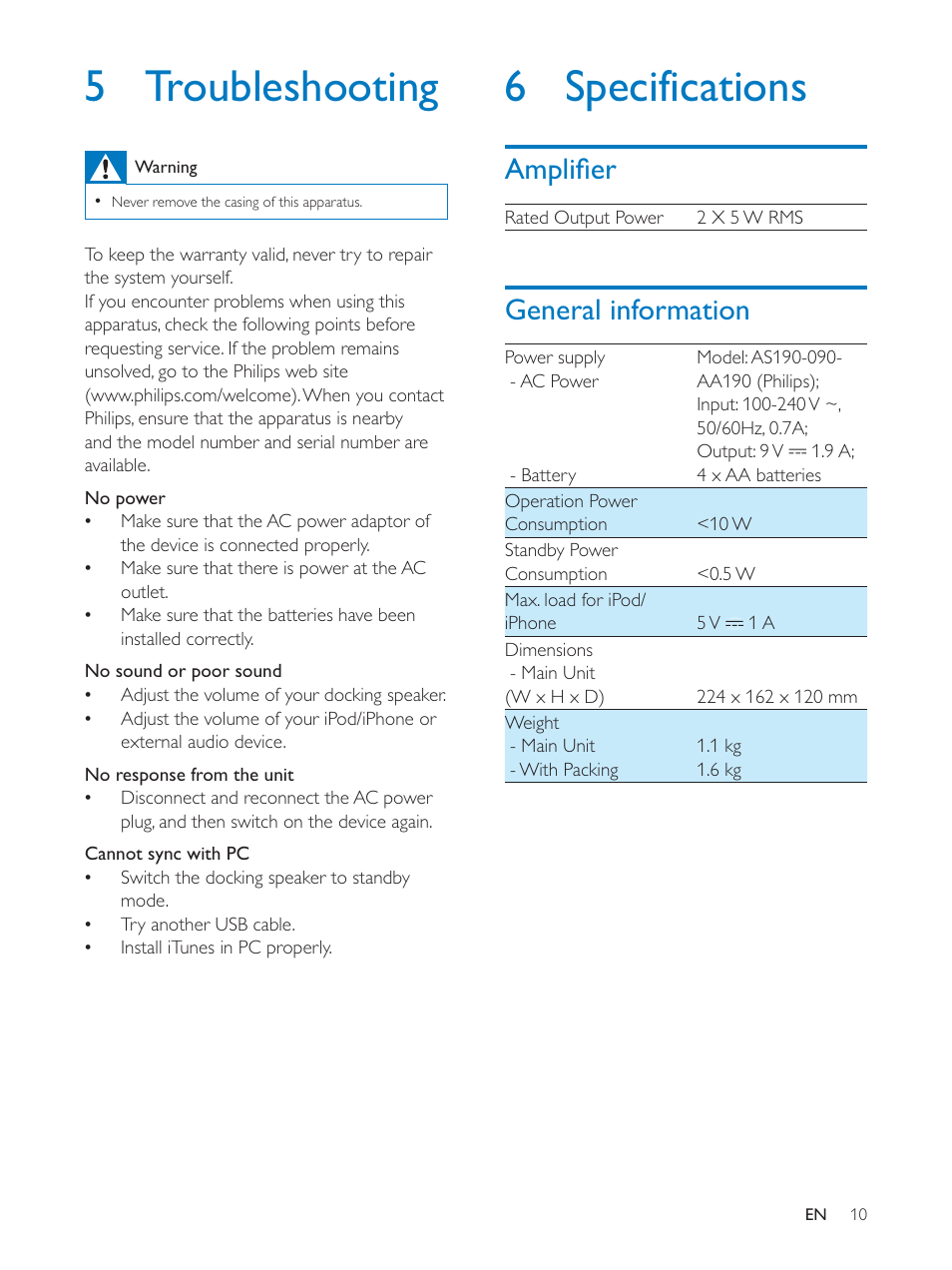 5 troubleshooting, 6 specifications, Psolàhu | General information | Philips DS3110-37 User Manual | Page 10 / 12