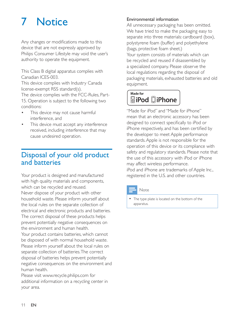 7 notice, Disposal of your old product and batteries | Philips DS3110-37 User Manual | Page 11 / 12