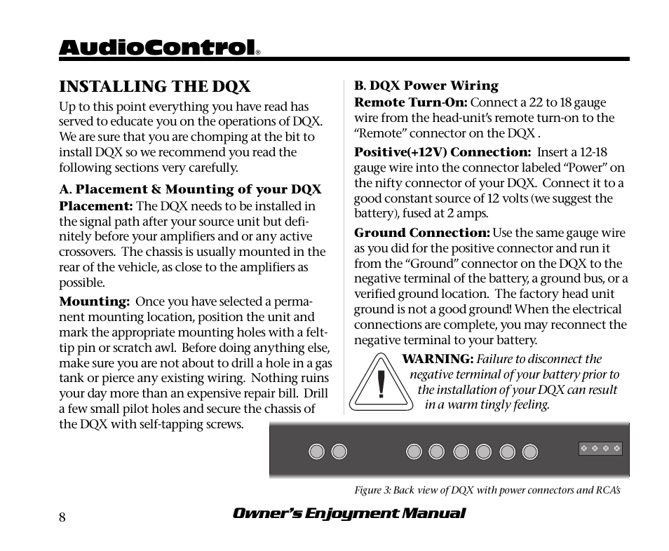 Audiocontrol, Owner’s enjoyment manual, Installing the dqx | AudioControl DQX User Manual | Page 12 / 28