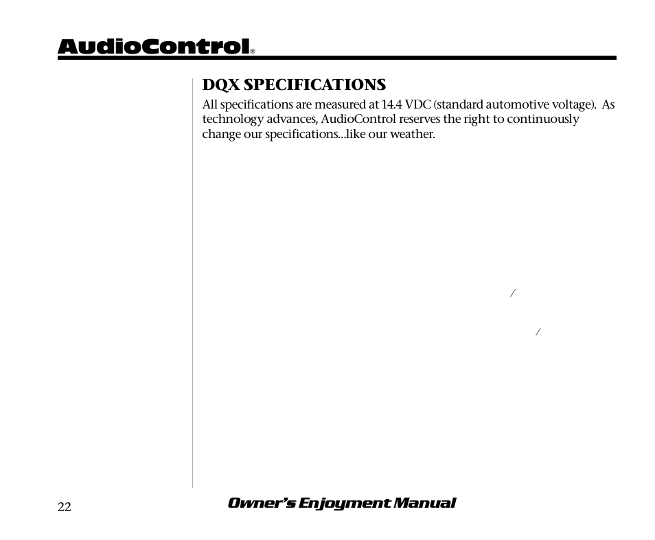 Audiocontrol, Owner’s enjoyment manual, Dqx specifications | AudioControl DQX User Manual | Page 26 / 28