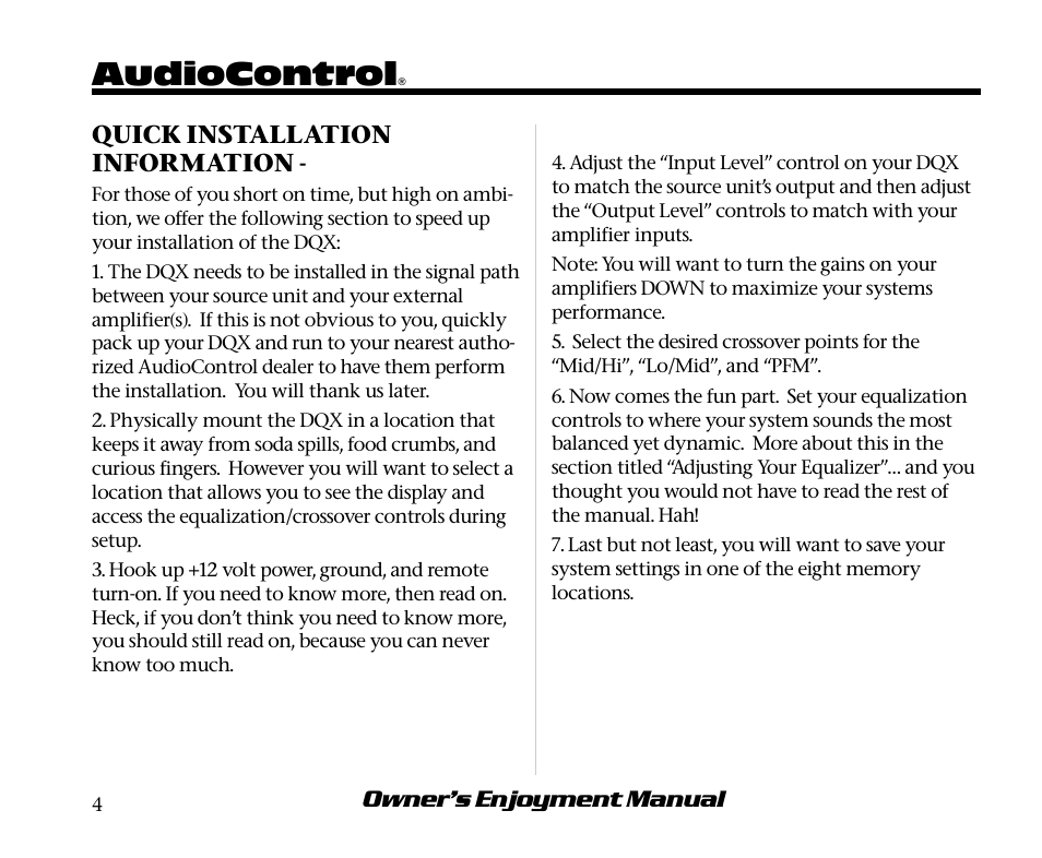 Audiocontrol | AudioControl DQX User Manual | Page 8 / 28