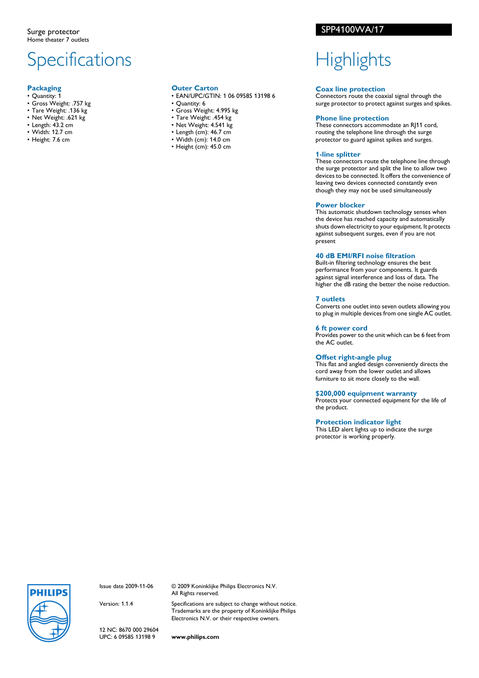 Specifications, Highlights | Philips SPP4100WA-17 User Manual | Page 2 / 2