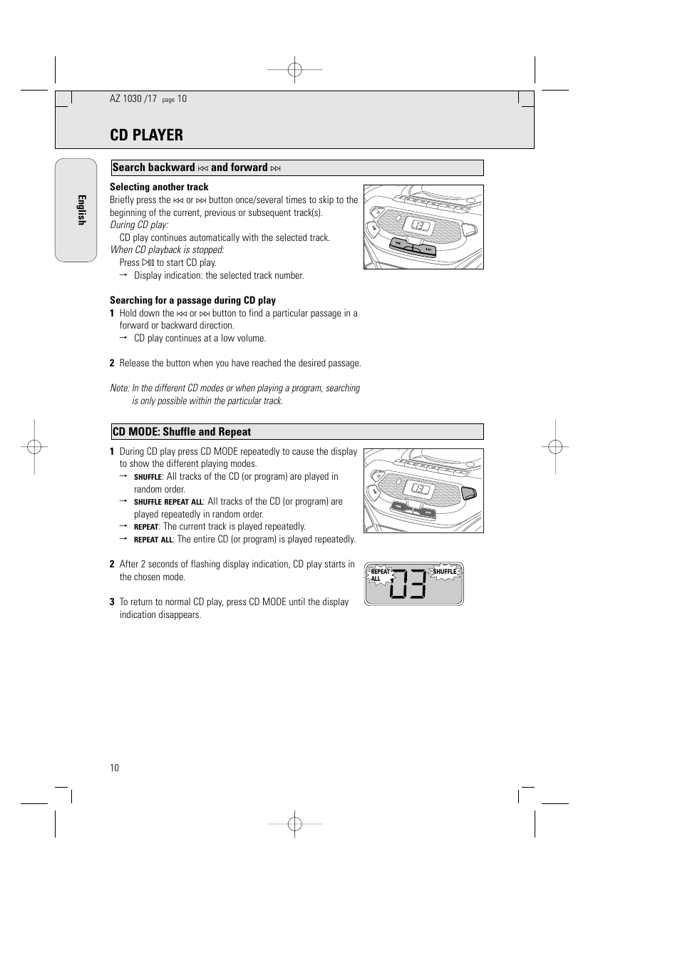 Cd player, Cd mode: shuffle and repeat, Search backward | And forward, The current track is played repeatedly | Philips AZ1030-17 User Manual | Page 10 / 44