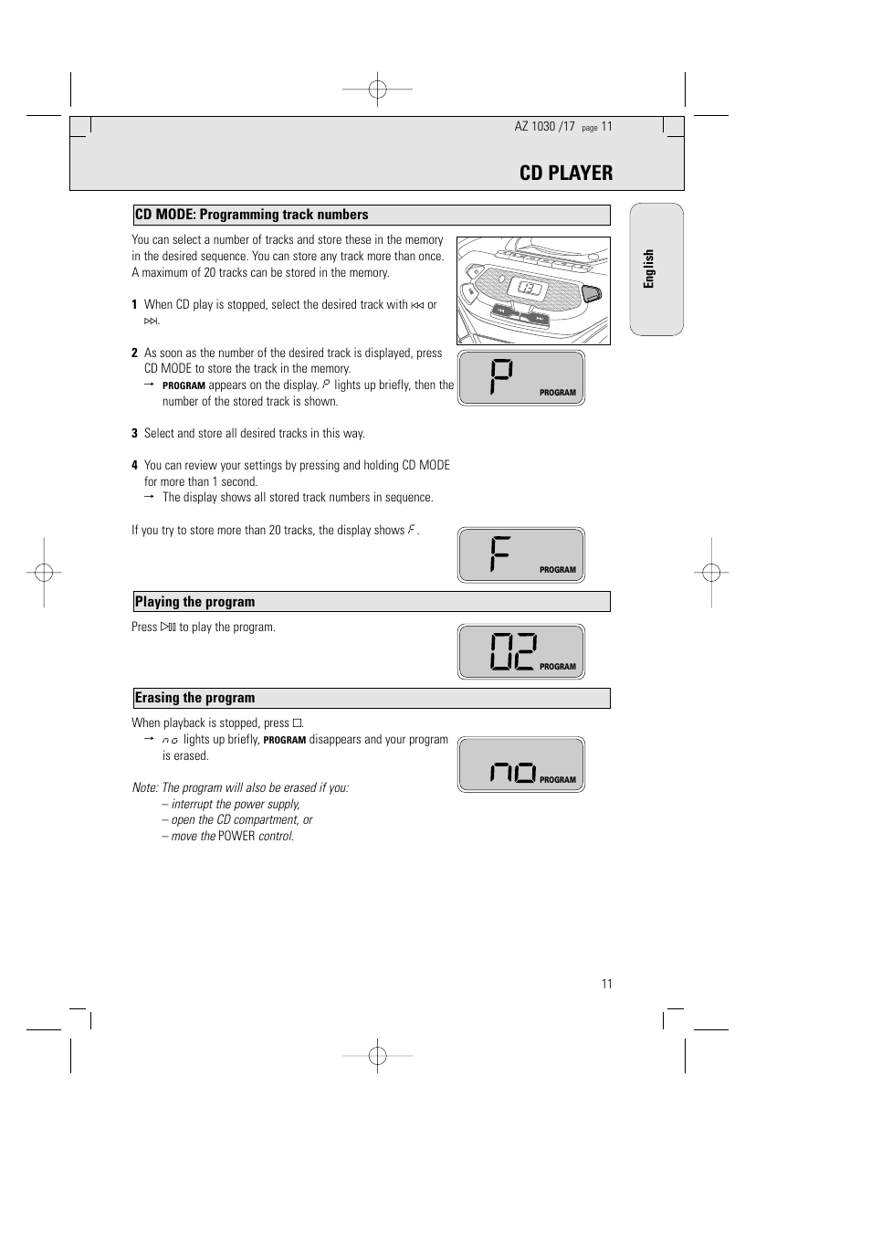 Cd player, Erasing the program, Playing the program | Cd mode: programming track numbers | Philips AZ1030-17 User Manual | Page 11 / 44