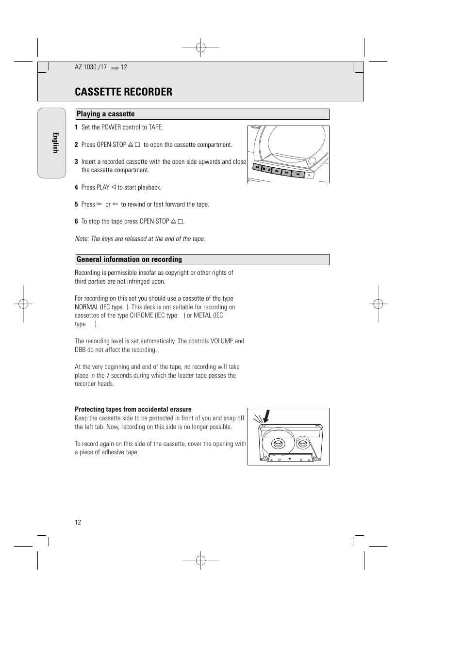 Cassette recorder, General information on recording, Playing a cassette | Philips AZ1030-17 User Manual | Page 12 / 44