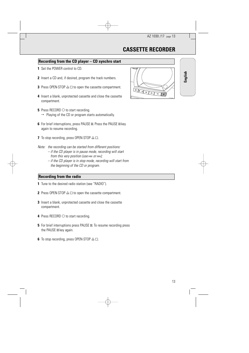 Cassette recorder, Recording from the radio, Recording from the cd player – cd synchro start | Philips AZ1030-17 User Manual | Page 13 / 44