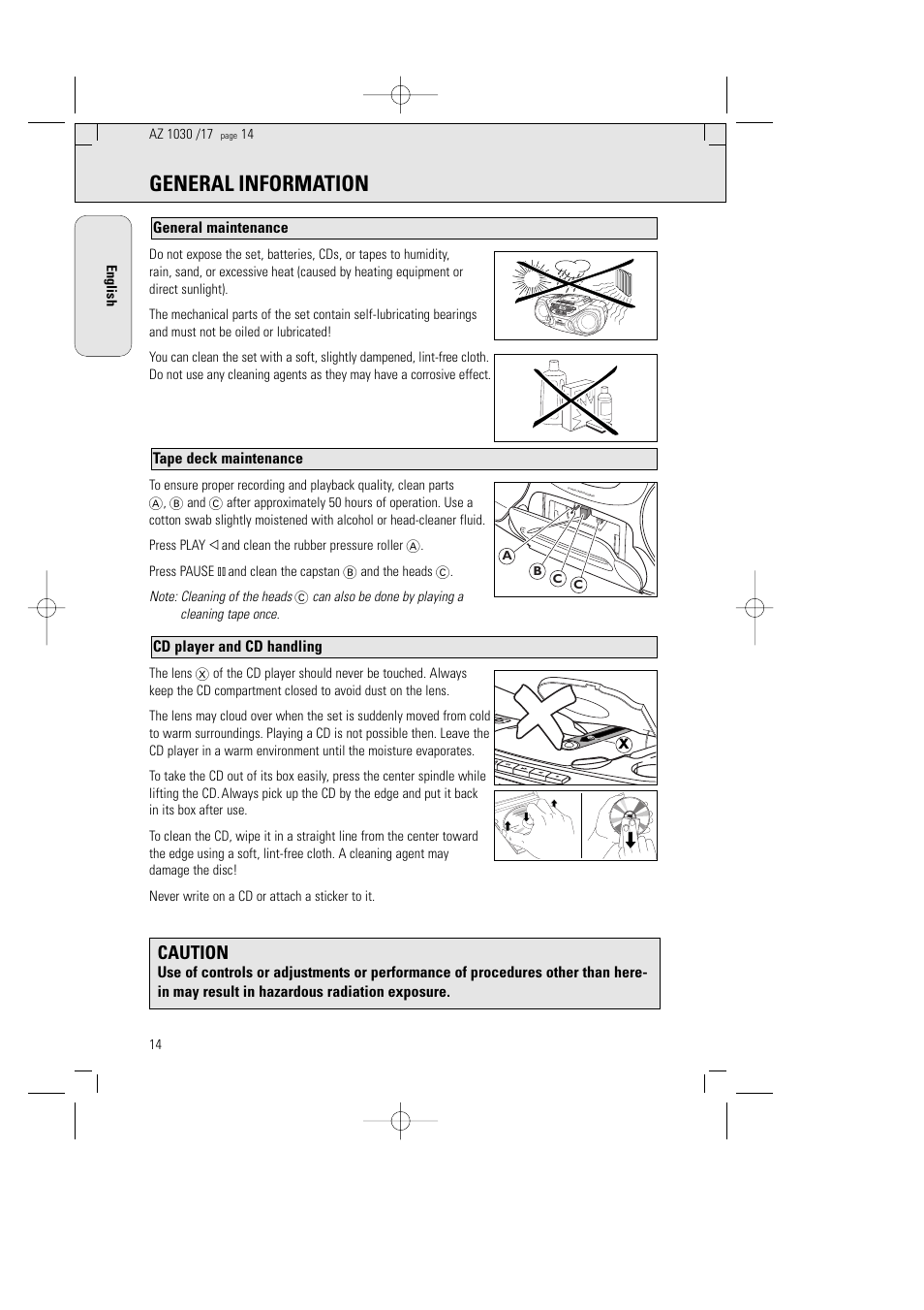 General information, Caution | Philips AZ1030-17 User Manual | Page 14 / 44