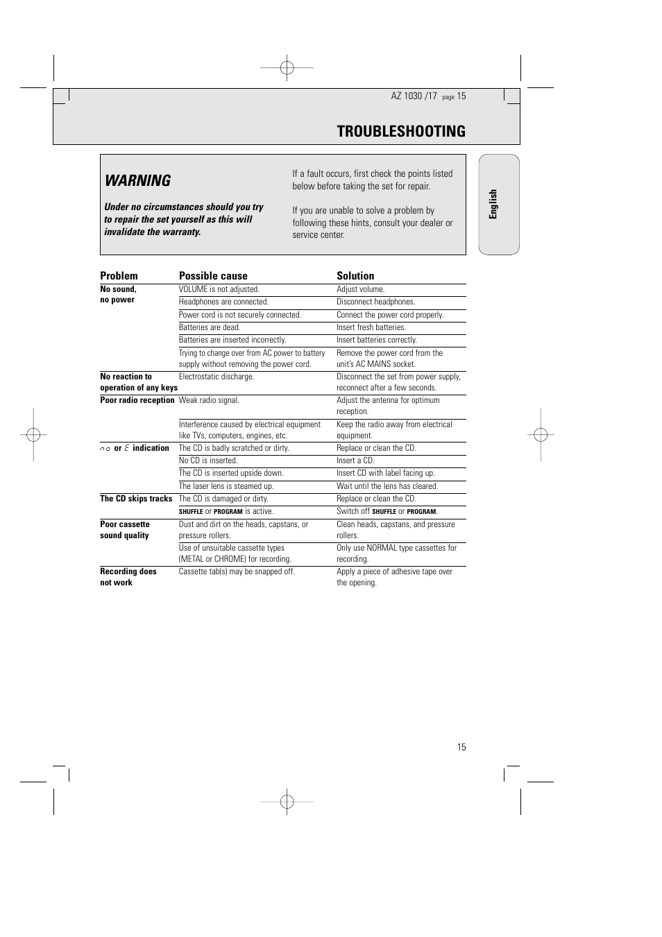 Troubleshooting warning, Problem possible cause solution | Philips AZ1030-17 User Manual | Page 15 / 44